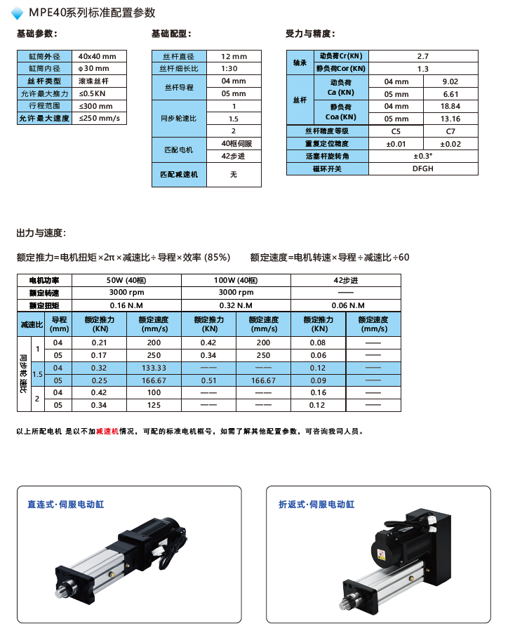 MPE40電動缸標(biāo)準(zhǔn)配置參數(shù)